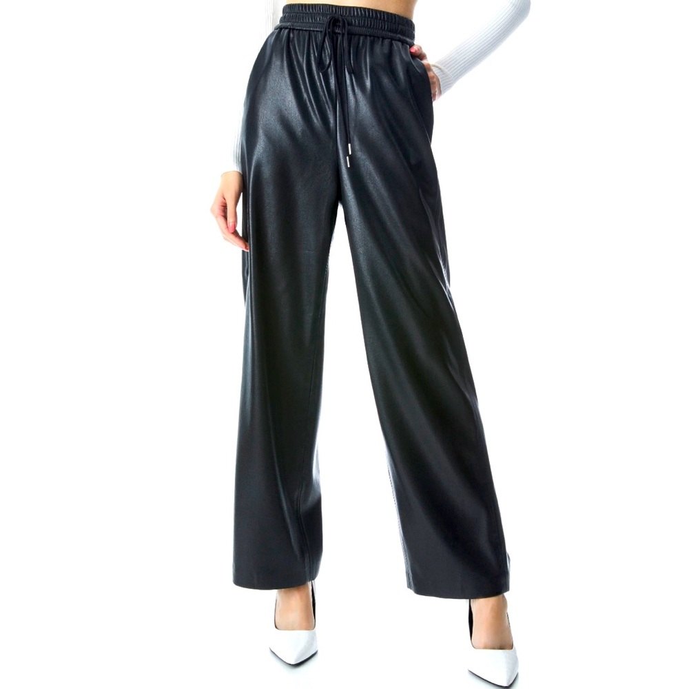 ALICE + OLIVIA Black Vegan Leather Straight Leg Drawstring Pants